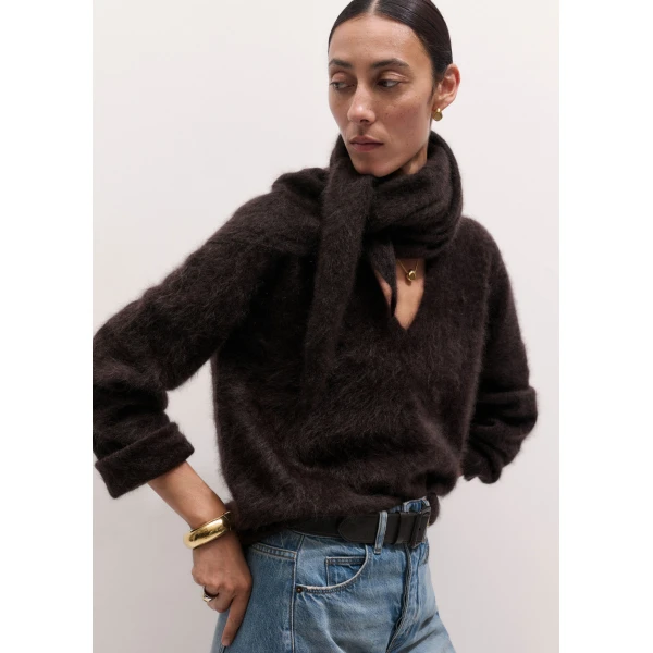 ME+EM Triangle Knit Scarf in Dark Chocolate Brown, view 2 | Scarves | Luxury Shoes 