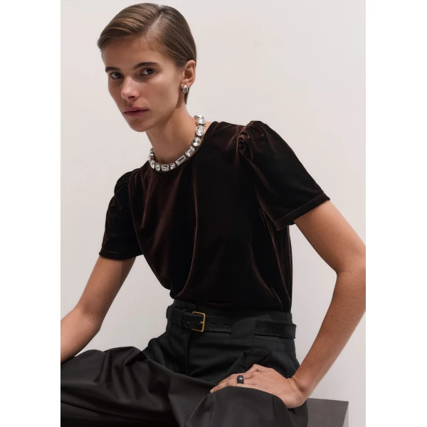 ME+EM Velour Pouf Sleeve Tee in Dark Chocolate, view 2 | T-shirts | Luxury Shoes 