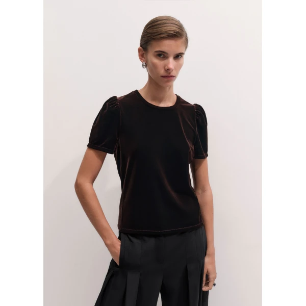 ME+EM Velour Pouf Sleeve Tee in Dark Chocolate, view 6 | T-shirts | Luxury Shoes 