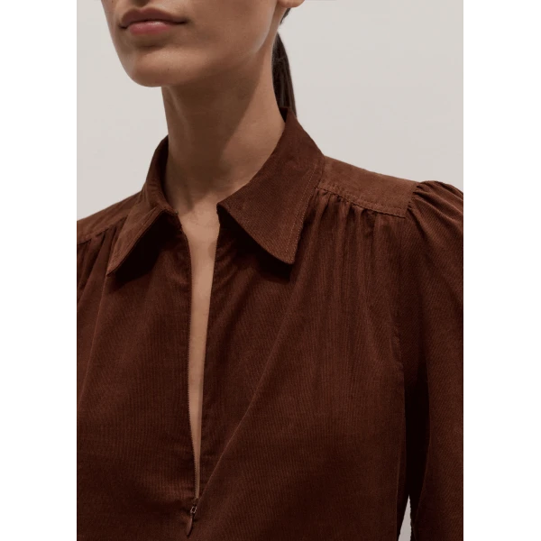 ME+EM Zip Neck Winter Blouse in Deep Pecan Brown