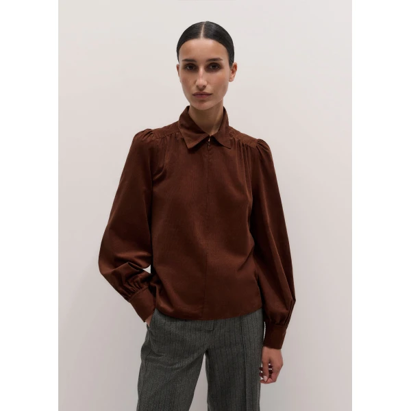 ME+EM Zip Neck Winter Blouse in Deep Pecan Brown