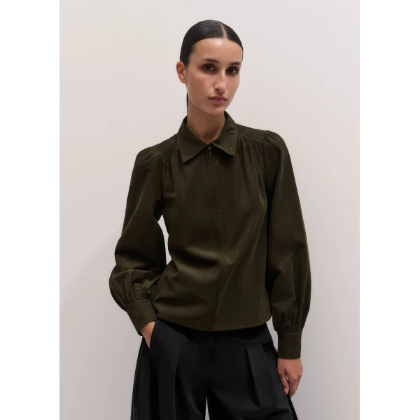 ME+EM Zip Neck Winter Blouse in Rich Olive Green