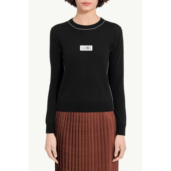 MM6 Maison Margiela Contrast-Trimmed Wool Blend Knit Jumper in Black, view 5 | Sweaters | Luxury Shoes 