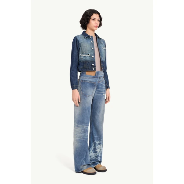 MM6 Maison Margiela Cropped Denim Jacket in Blue, view 3 | Denim | Luxury Shoes 