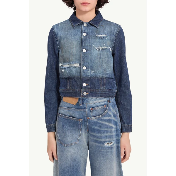 MM6 Maison Margiela Cropped Denim Jacket in Blue, view 5 | Denim | Luxury Shoes 