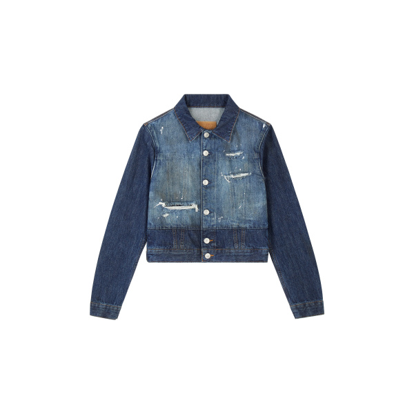 MM6 Maison Margiela Cropped Denim Jacket in Blue | Denim | Luxury Shoes 