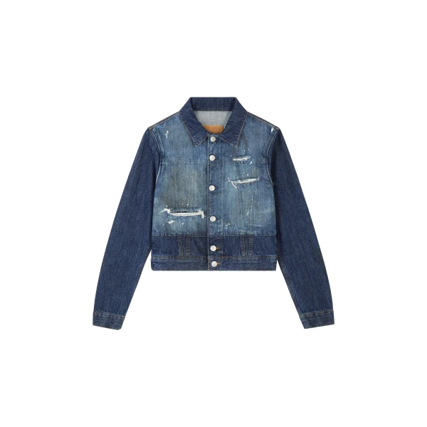 MM6 Maison Margiela Cropped Denim Jacket in Blue | Denim | Luxury Shoes 