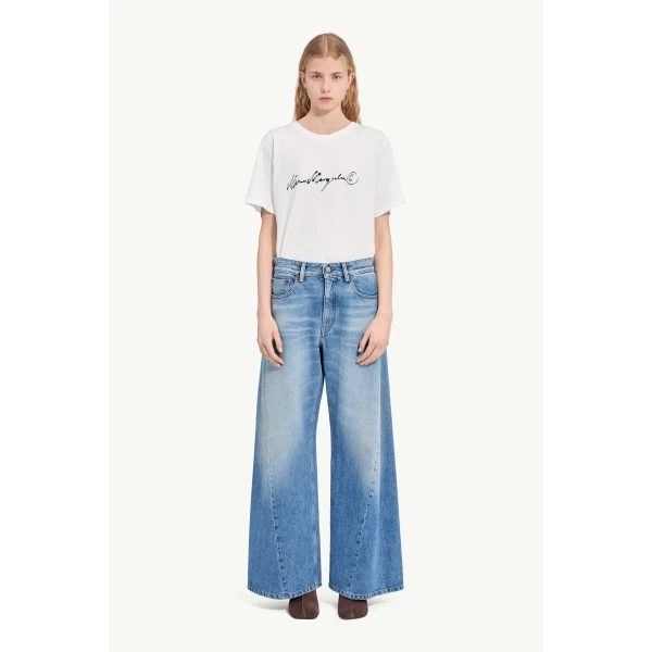 MM6 Maison Margiela Curved-Seam Wide-Leg Jeans in Blue, view 2 | Denim | Luxury Shoes 