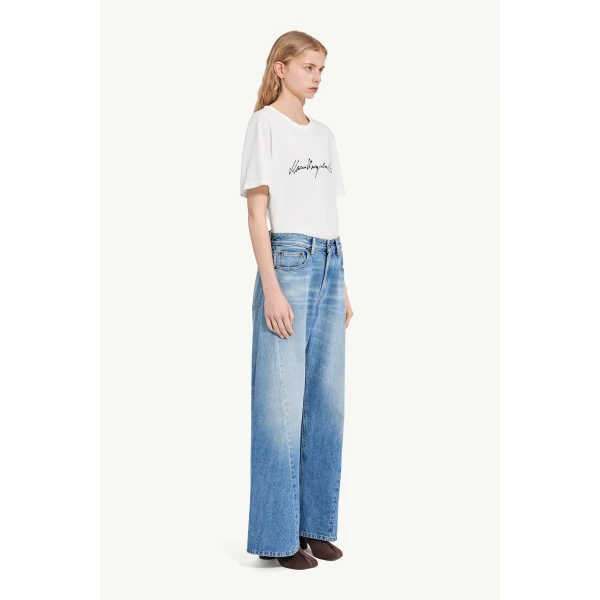 MM6 Maison Margiela Curved-Seam Wide-Leg Jeans in Blue, view 3 | Denim | Luxury Shoes 