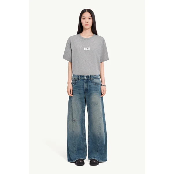 MM6 Maison Margiela Distressed Wide-Leg Jeans in Dark Blue, view 2 | Denim | Luxury Shoes 