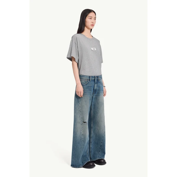 MM6 Maison Margiela Distressed Wide-Leg Jeans in Dark Blue, view 3 | Denim | Luxury Shoes 