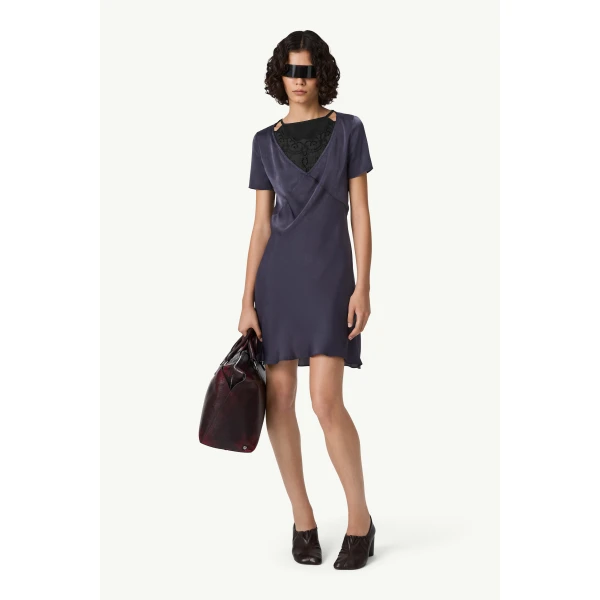 MM6 Maison Margiela Double Layer Lining-Look Slip Dress in Blue, view 2 | Mini Dresses | Luxury Shoes 