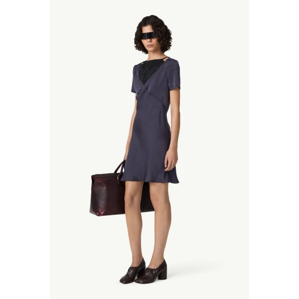MM6 Maison Margiela Double Layer Lining-Look Slip Dress in Blue, view 3 | Mini Dresses | Luxury Shoes 