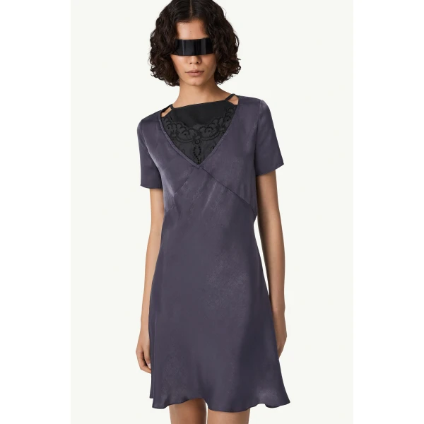 MM6 Maison Margiela Double Layer Lining-Look Slip Dress in Blue, view 5 | Mini Dresses | Luxury Shoes 