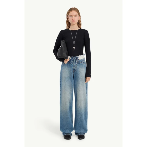 MM6 Maison Margiela Double-Waistband Straight-Leg Jeans in Light Blue, view 2 | Denim | Luxury Shoes 