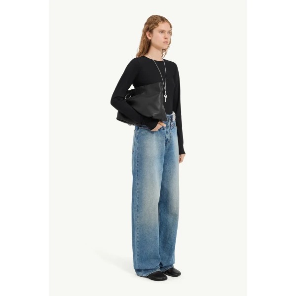 MM6 Maison Margiela Double-Waistband Straight-Leg Jeans in Light Blue, view 3 | Denim | Luxury Shoes 
