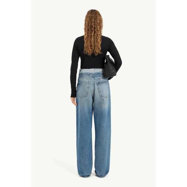 MM6 Maison Margiela Double-Waistband Straight-Leg Jeans in Light Blue, view 4 | Denim | Luxury Shoes 