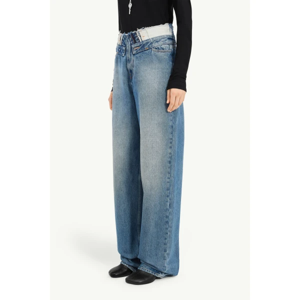 MM6 Maison Margiela Double-Waistband Straight-Leg Jeans in Light Blue, view 5 | Denim | Luxury Shoes 
