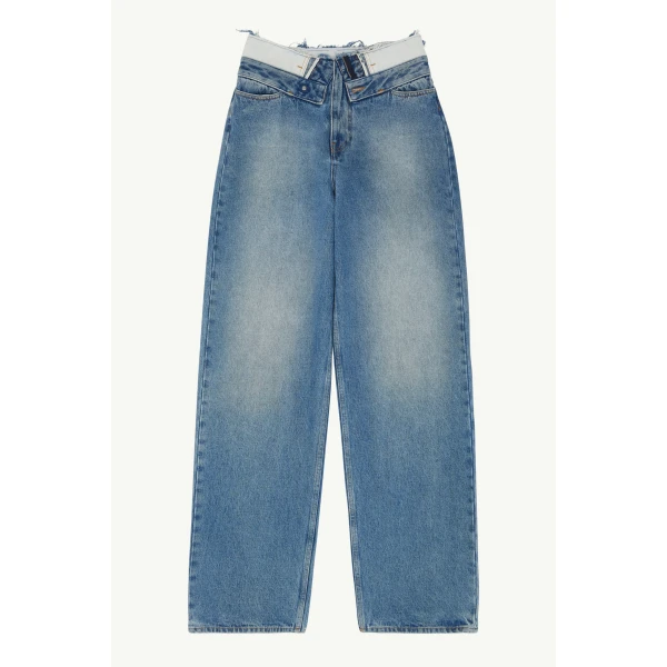 MM6 Maison Margiela Double-Waistband Straight-Leg Jeans in Light Blue, view 6 | Denim | Luxury Shoes 