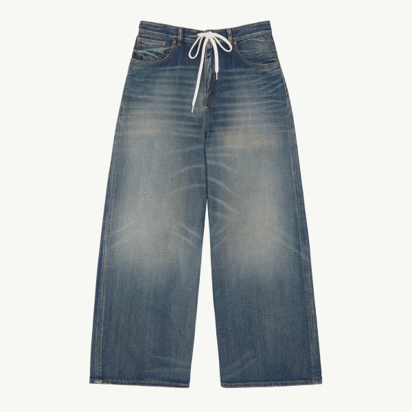 Drawstring Wide-Leg Jeans in Blue