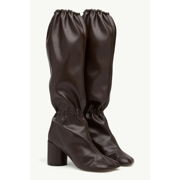 MM6 Maison Margiela Elasticated Anatomic Knee-High Boots in Dark Brown, view 3 | Boots | Luxury Shoes 