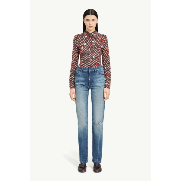 MM6 Maison Margiela Faded Printed-Line Straight-Leg Jeans in Blue, view 2 | Denim | Luxury Shoes 