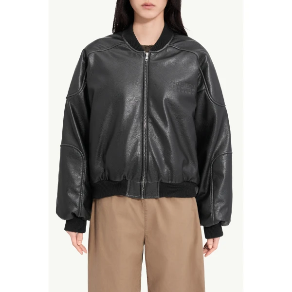 MM6 Maison Margiela Faux Leather Jacket with Rib-Knit Trim in Black, view 5 | Leather Jackets | Luxury Shoes 