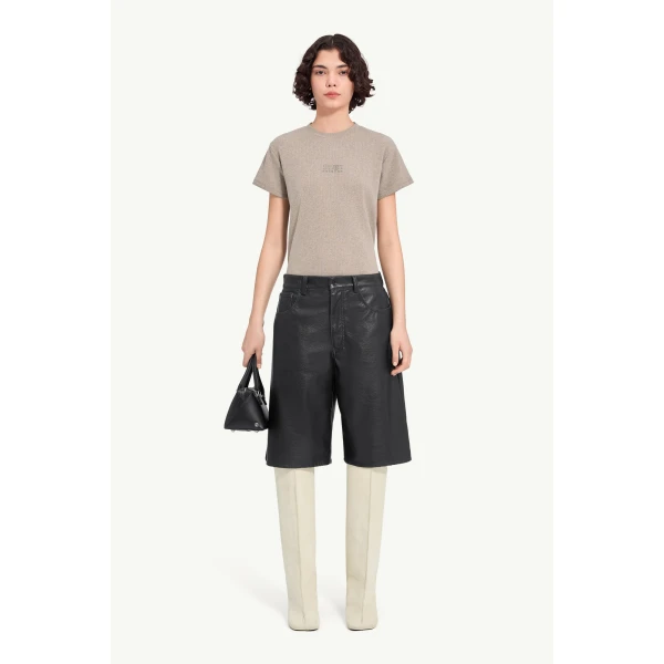 MM6 Maison Margiela Faux Leather Knee-Length Shorts in Black, view 2 | Shorts | Luxury Shoes 