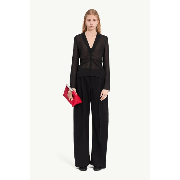 MM6 Maison Margiela Gathered Chiffon V-Neck Top in Black, view 2 | Tops | Luxury Shoes 