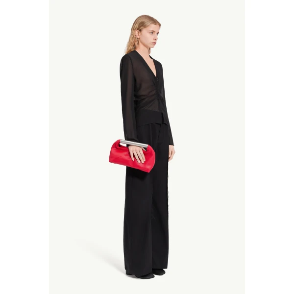 MM6 Maison Margiela Gathered Chiffon V-Neck Top in Black, view 3 | Tops | Luxury Shoes 