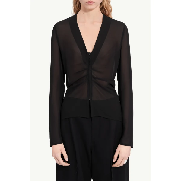 MM6 Maison Margiela Gathered Chiffon V-Neck Top in Black, view 5 | Tops | Luxury Shoes 
