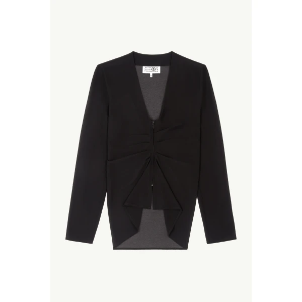 MM6 Maison Margiela Gathered Chiffon V-Neck Top in Black, view 6 | Tops | Luxury Shoes 