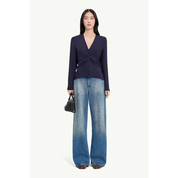 MM6 Maison Margiela Gathered V-Neck Top in Navy Blue, view 2 | Tops | Luxury Shoes 