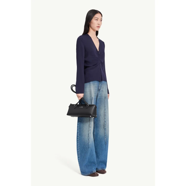 MM6 Maison Margiela Gathered V-Neck Top in Navy Blue, view 3 | Tops | Luxury Shoes 