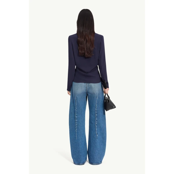 MM6 Maison Margiela Gathered V-Neck Top in Navy Blue, view 4 | Tops | Luxury Shoes 