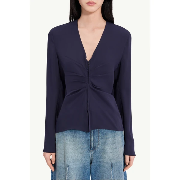 MM6 Maison Margiela Gathered V-Neck Top in Navy Blue, view 5 | Tops | Luxury Shoes 