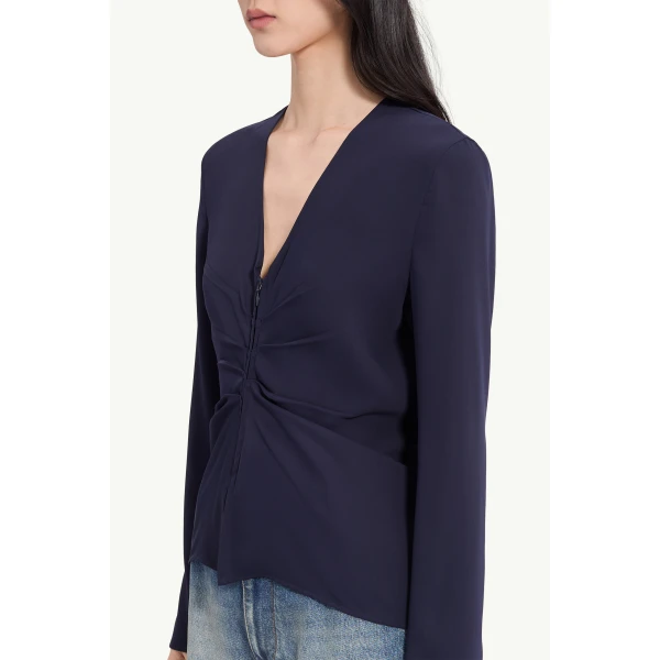 MM6 Maison Margiela Gathered V-Neck Top in Navy Blue, view 6 | Tops | Luxury Shoes 