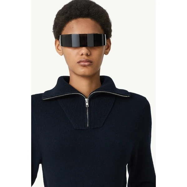 MM6 Maison Margiela Half-Zip Cropped Knit Top in Navy Blue, view 5 | Sweaters | Luxury Shoes 