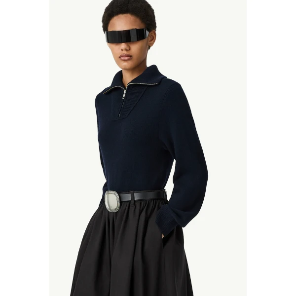 MM6 Maison Margiela Half-Zip Cropped Knit Top in Navy Blue, view 6 | Sweaters | Luxury Shoes 