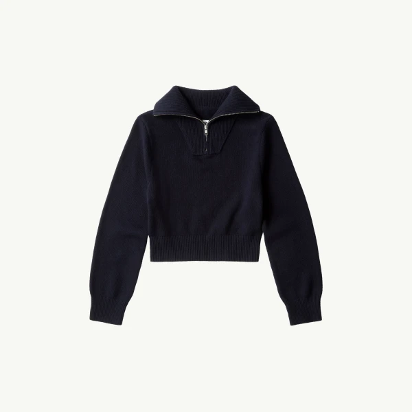 Half-Zip Cropped Knit Top in Navy Blue