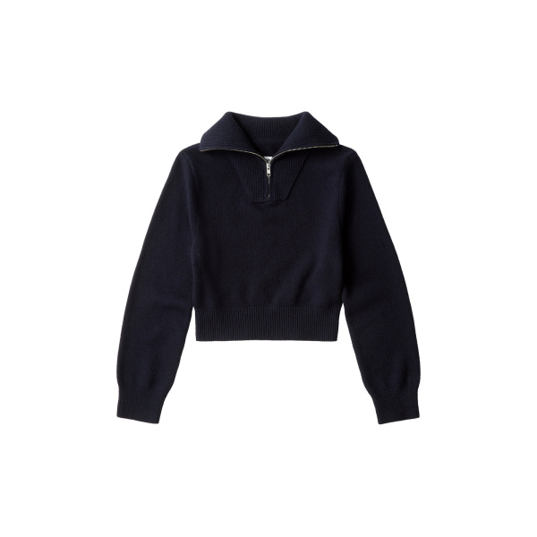 MM6 Maison Margiela Half-Zip Cropped Knit Top in Navy Blue | Sweaters | Luxury Shoes 
