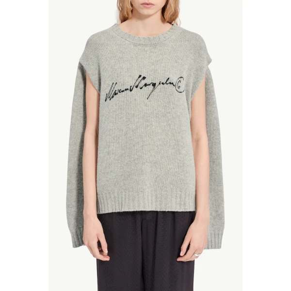 MM6 Maison Margiela Handwritten Knit Jumper in Grey Melange, view 5 | Sweaters | Luxury Shoes 