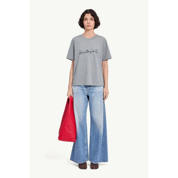 MM6 Maison Margiela Handwritten-Print Cotton Jersey T-Shirt in Grey Melange, view 2 | T-shirts | Luxury Shoes 