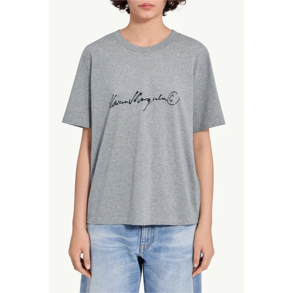 MM6 Maison Margiela Handwritten-Print Cotton Jersey T-Shirt in Grey Melange, view 5 | T-shirts | Luxury Shoes 