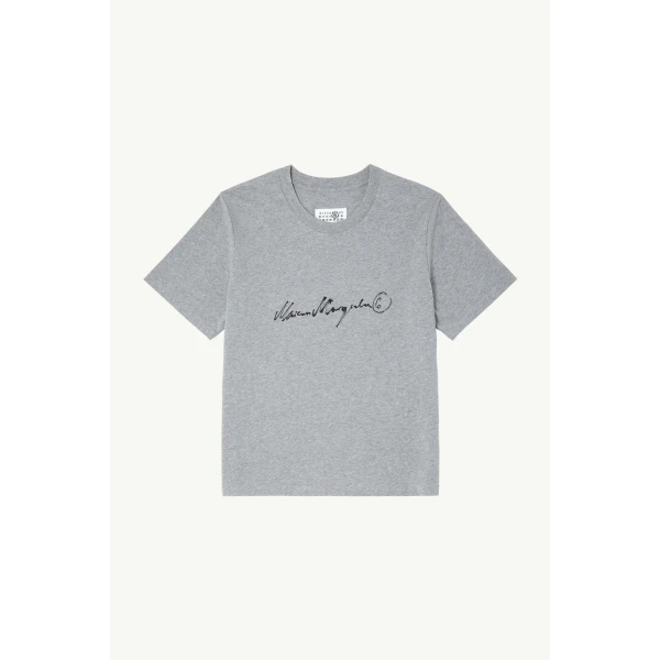 MM6 Maison Margiela Handwritten-Print Cotton Jersey T-Shirt in Grey Melange, view 6 | T-shirts | Luxury Shoes 