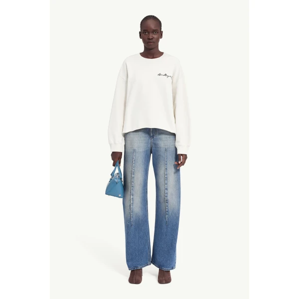 MM6 Maison Margiela Handwritten-Print Sweatshirt in Ecru, view 2 | Hoodies | Luxury Shoes 