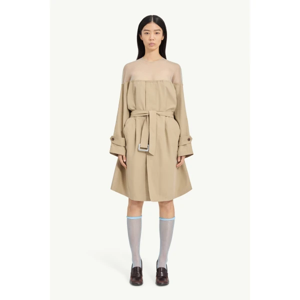 MM6 Maison Margiela High-Cut Cotton Trench Dress in Pink Beige, view 2 | Midi Dresses | Luxury Shoes 