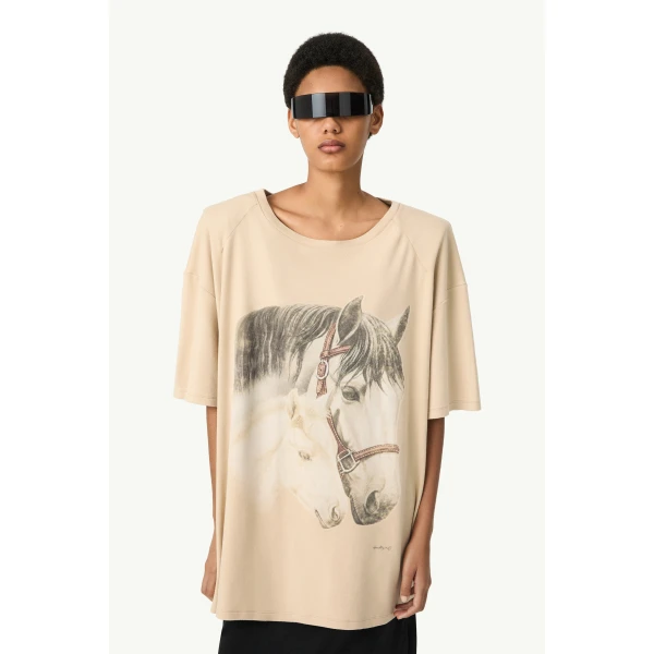 MM6 Maison Margiela Horse Portrait T-Shirt in Pink Beige, view 5 | T-shirts | Luxury Shoes 