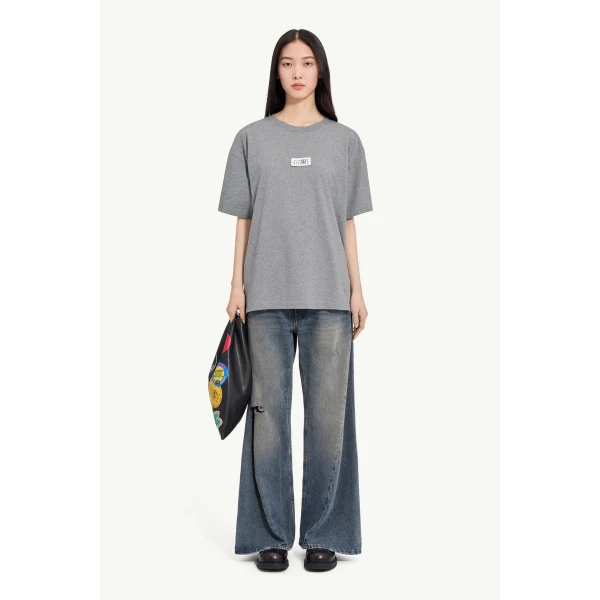 MM6 Maison Margiela Label Cotton Jersey T-Shirt in Grey Melange, view 2 | T-shirts | Luxury Shoes 