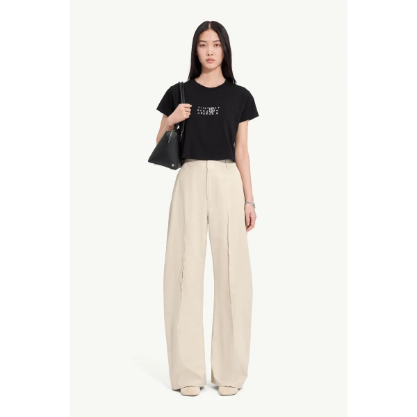 MM6 Maison Margiela Light Cotton Twill Wide-Leg Trousers in Ecru, view 2 | Wide leg pants | Luxury Shoes 